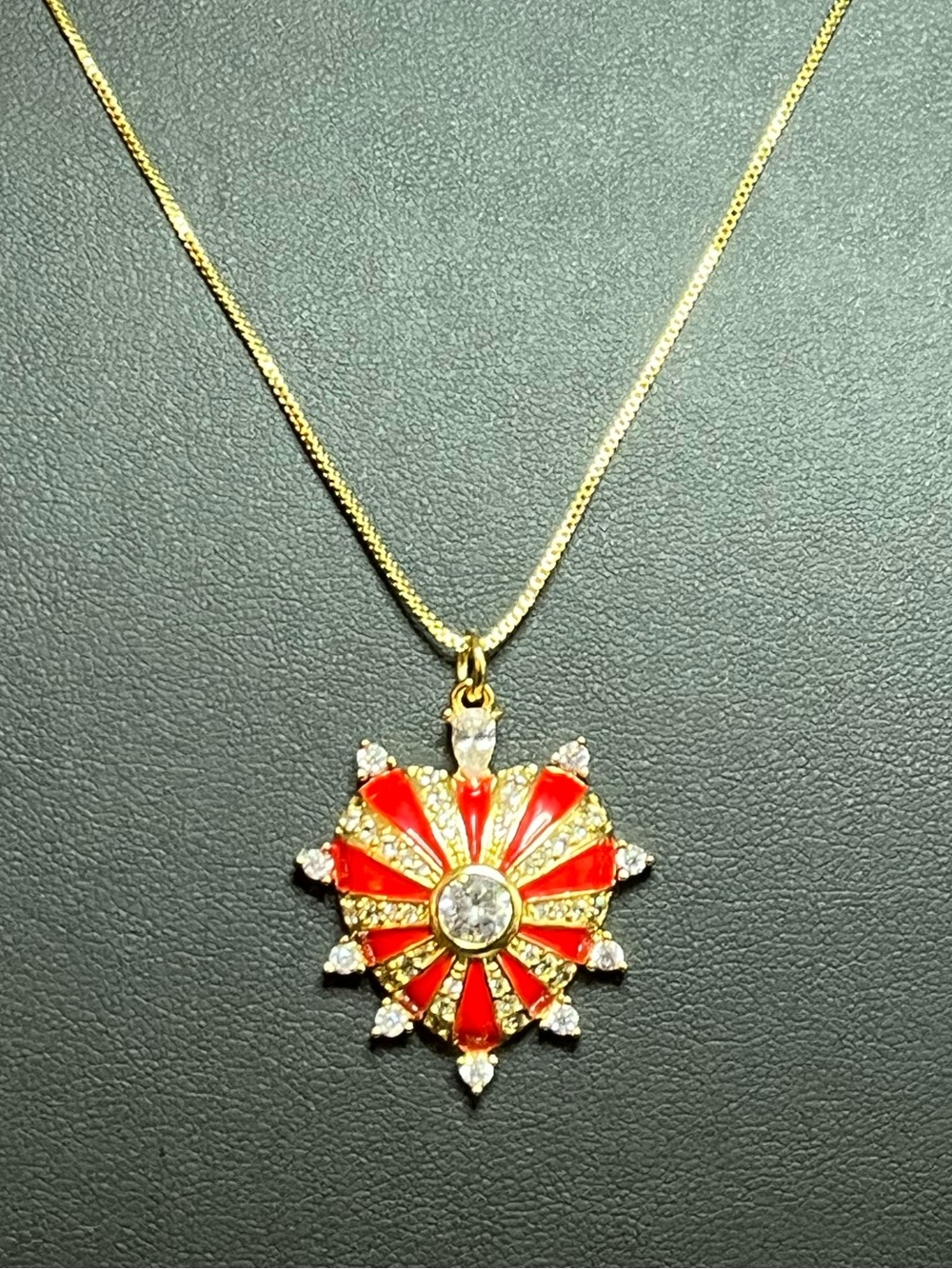 Gold Red Sunburst Heart Pendant Necklace 16-18” Romantic, Sparkle, Enamel